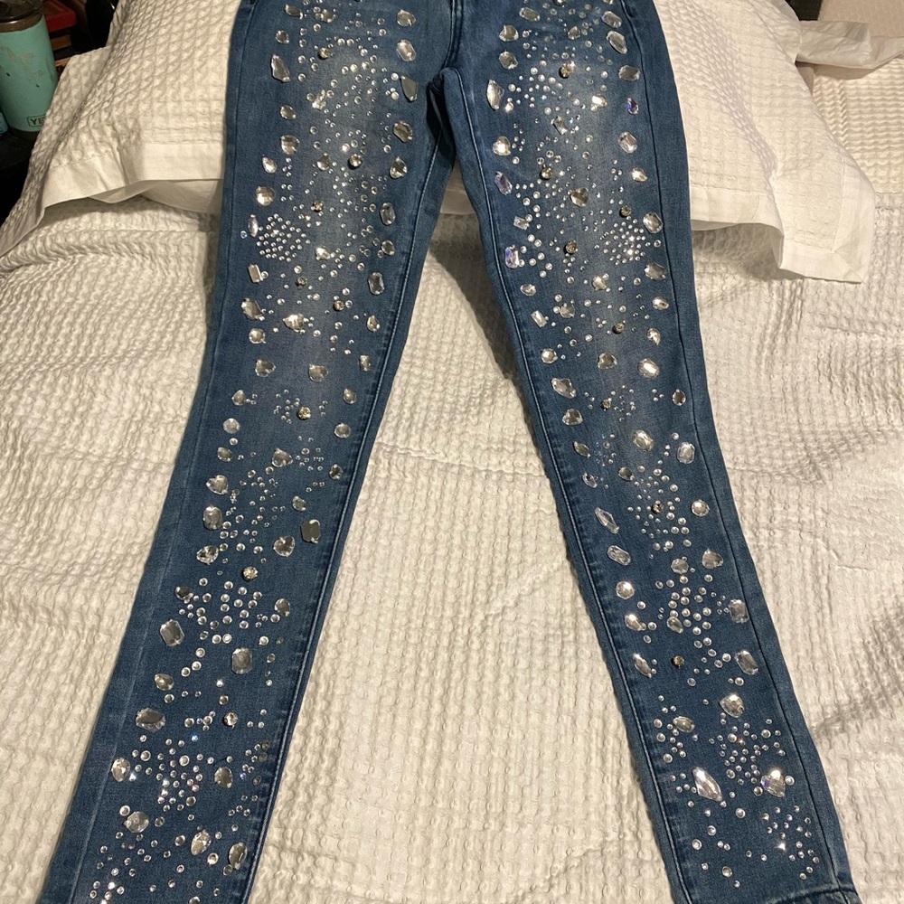Red Blue Skinny Jeans with Glamorous Embellishments